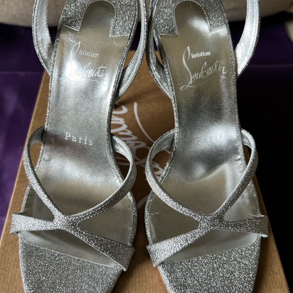 Christian Louboutin Emilie 100 Slingback Sandals Heels Shoes Silver Glitter 36.5 - Picture 12 of 16